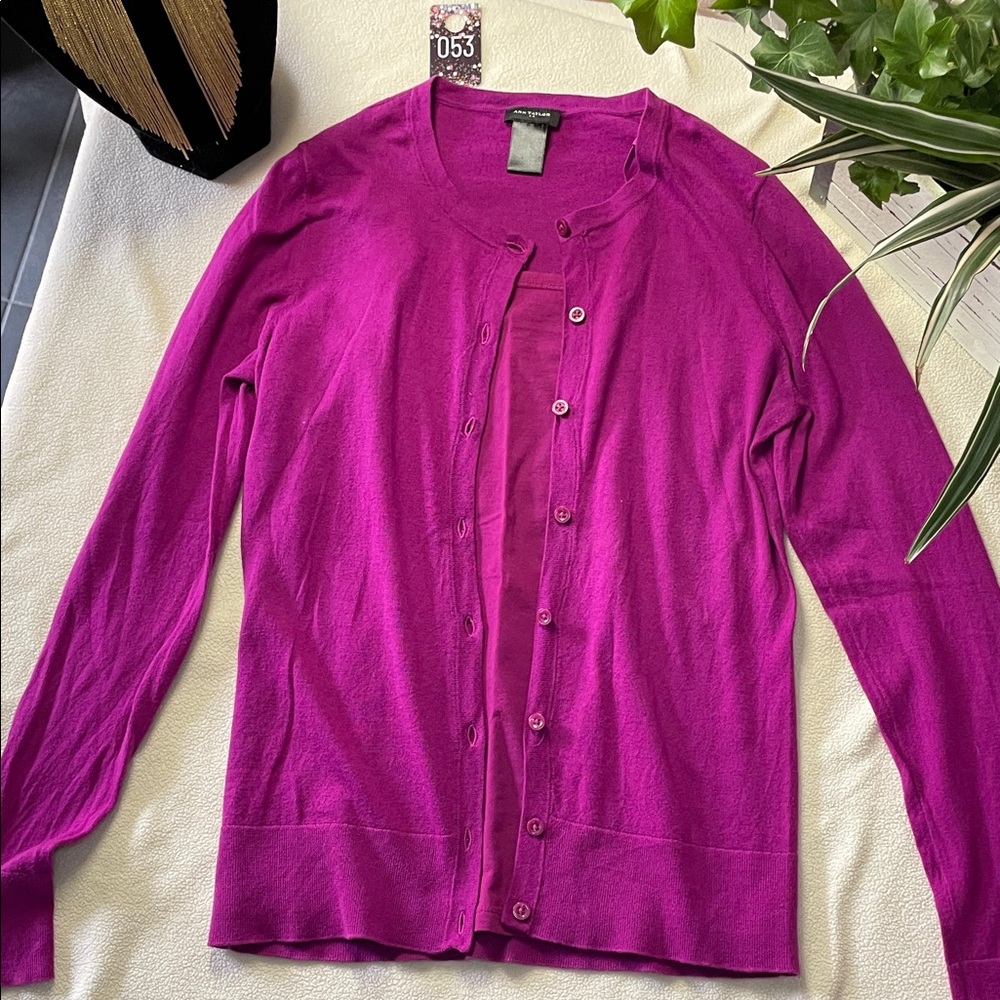 053-Ann Taylor Factory Fuchsia Button Cardigan with matching Tank